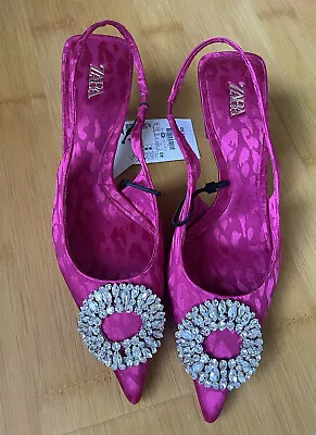 New Zara Embellished Heeled Slingbacks Pink Fushia Size 9 Rhinestone Pointed Toe • $69.99