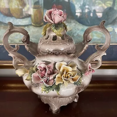 Capodimonte Double-Handled Floral Urn With Pink And Yellow Roses • $65