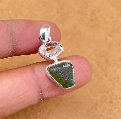 Raw Moldavite & Herkimer Diamond Pendant 925 Sterling Silver Antique Jewelry • $27.80