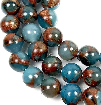 8mm Aquamarine Quartz With Pyrite / Gold Brown Vein Round Beads (23) • $8.99