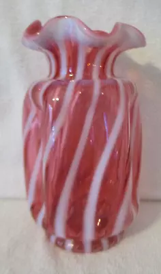 Fenton Art Glass 8  Cranberry Swirl  Candy Cane Stripe  Vase BEAUTY • $59.50