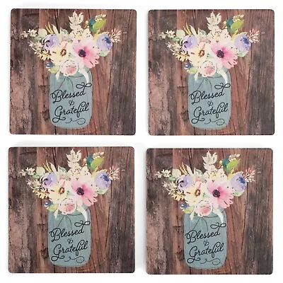 	P. Graham Dunn Blessed & Grateful Floral Mason Jar Wood Look 4 X 4 Absorbent Ce • $14.99