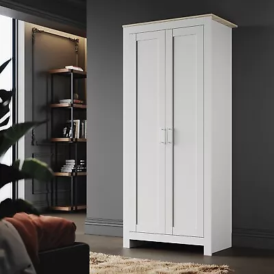 Tall 2 Door Wardrobe Matt White With Hanging Rail Shelf Clothes Storage Cupboard • £135