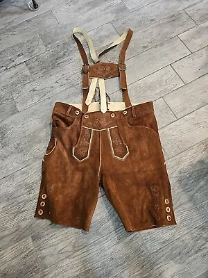 German Bavarian Lederhosen Oktoberfest Real Leather Brown Sz 60 XL XXL • $69