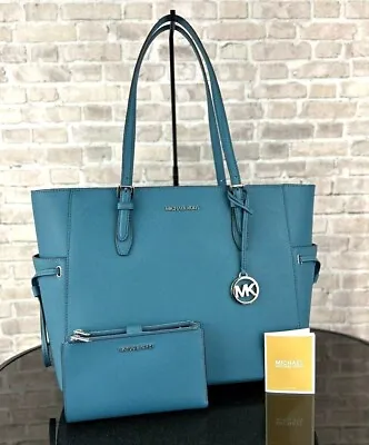 MICHAEL KORS GILLY LEATHER LARGE TRAVEL TOTE SHOULDER BAG WALLET SET Teal • $109