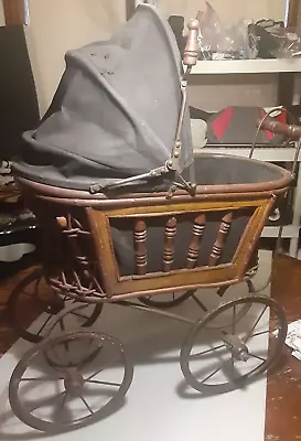 Vintage Baby Doll Stroller Wooden Metal Carriage Buggy With Baby Decor Only • $30