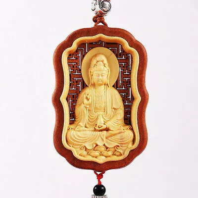 Chinese Hollow Out Inlay Wood Carving Guan Kwan Yin Sculpture Amulet Car Hanger • $15.99