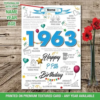 £17.55 • Buy 1963 60th BIRTHDAY POSTER PRESENT GIFT PERSONALISED FACTS NEWS WIFE DAUGHTER MUM