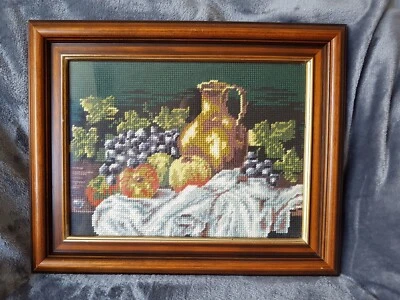 Vintage Cottagecore Fruit Still Life Tapestry Finished Cross Stitch Framed • £16