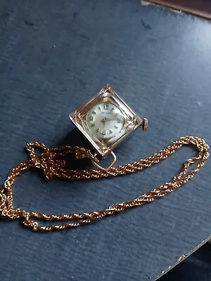 Vintage Lady Nelson Art Deco Necklace Watch Crystal Look W/Goldtone Chain • $9.99