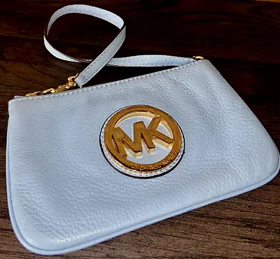 Michael Kors Fulton Wristlet Pale Blue Pebbled Leather Euc • $30