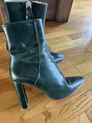 $15 • Buy Zara Forest Green Leather Block Heel Square Toe Mid Calf Stiletto Boots 39 / 9