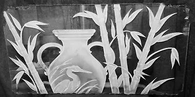 EGRET Vtg Bamboo Etched Glass Panel Table Top Florida Hawaiian California Art • $450