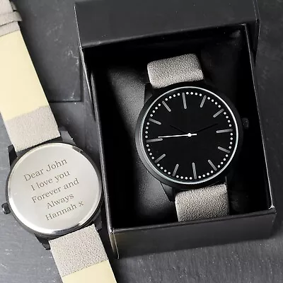 Personalised Mens Matte Black Watch With Grey Strap And Presentation Box • £25.90