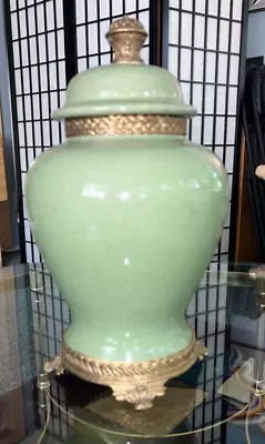 Celadon Urn Vase With LID Brass On Pedestal Beautiful Condition • $148