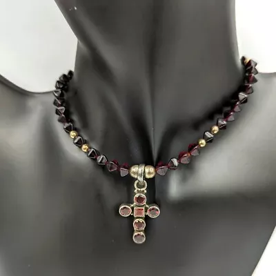 Vintage Sterling Silver Garden/Garnet Glass Beaded Necklace With Cross Pendant • $88