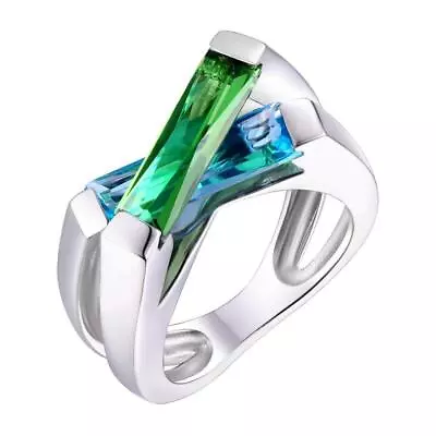 R98S Mt St Helens Green & Blue Helenite Floating Crossover Sterling Silver Ring • $110