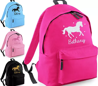 Personalised Girls Horse Glitter Backpack Kids Riding School Bag Rucksack • £9.45