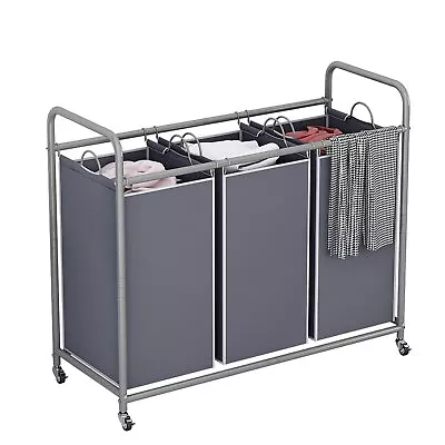 Laundry Sorter 3 Bag Laundry Hamper Cart With Rolling Lockable Wheels And Remova • $43.79