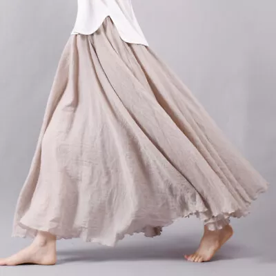 Womens Lady Cotton Linen Pleated Maxi Long Beach Boho Skirt Vintage Casual Dress • $18.99