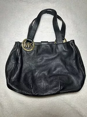 Michael Kors Fulton Large Black Pebble Leather Satchel Tote Bag Logo Hardware • $35