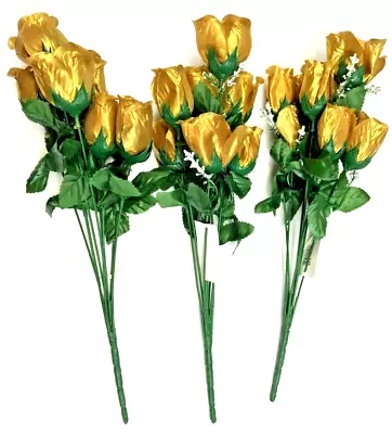 Pack Of 3 Artificial Faux Metallic Gold Rose Flower Sprays 39cm - Christmas • £8.99