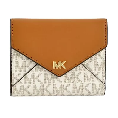 New Michael Kors Medium Brown Leather+white Acorn Pvc Tri-fold Envelop Wallet • $110.49