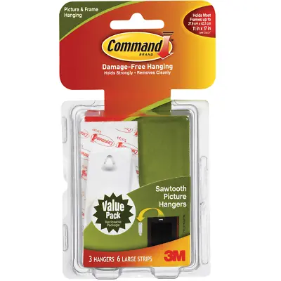 NEW 3M Command Adhesive Sawtooth Picture Hangers Pack 3 Hangers 6 Strips • $25.95