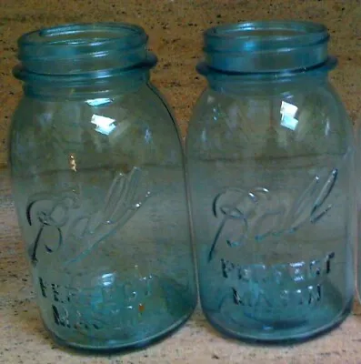  2 Antique Quart Ball Perfect Mason Canning Jars 2 Blue #4#12 • $14.99