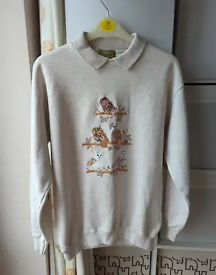 £15.15 • Buy Country Scene Vintage OWL Embroidered Sweatshirt Oatmeal Jersey Medium Ch42