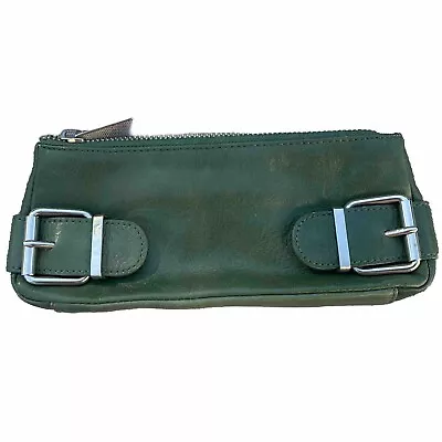 Banana Republic Green Leather Vintage Buckle Clutch Bag Wallet Top Zip Pouch • $18.99