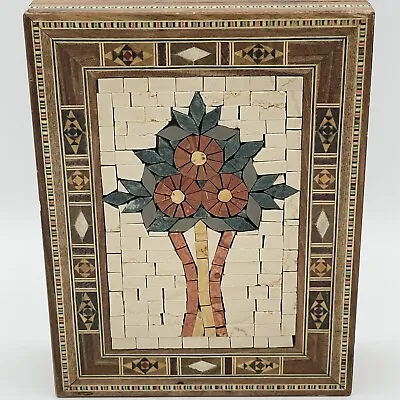 Vintage Marquetry Floral Mosaic Box - Inlay Wood Hinged Lined Trinket Box • $17.50