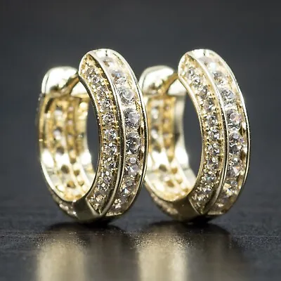 Fully Iced Yellow Gold Men's 5A Cz 14K Sterling Silver Small Mens Hoop Earrings • $26.99