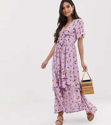 £15 • Buy ASOS Purple & Yellow Floral Short Sleeve Asymmetric Maxi Dress Tie Up Size 6