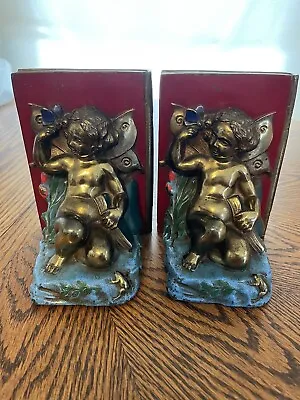 Pair Of Antique 1920s Ronson Fairy Cherub Painted Metal Bookends  • £111.89