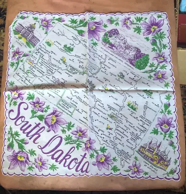 Vintage South Dakota Souvenir Map Scarf Handkerchief Hankie Purple Pasque Flower • $14.95