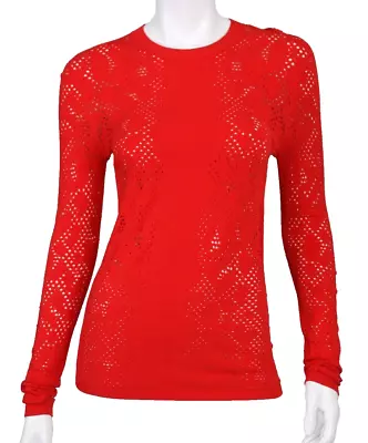 VERSACE Fire Red Perforated Jersey Crew Neck Long Sleeve Top M • $148