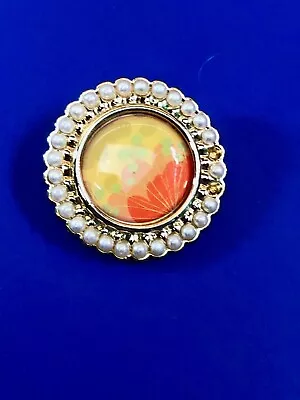 Unique Vintage Avon Goldtone Brooch SP - Faux Pearls - Flower Orange Color  • $6.49