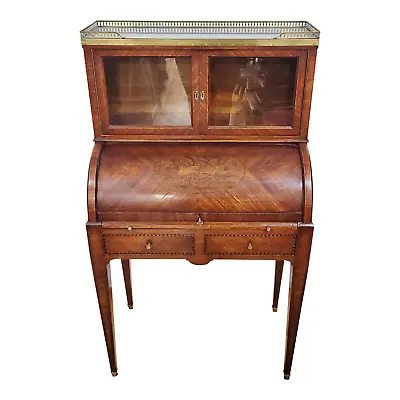 Antique FRENCH 19th 20thC Louis XVI Style Inlaid Fitted MARBLE TOP CYLINDER DESK • $1147.50