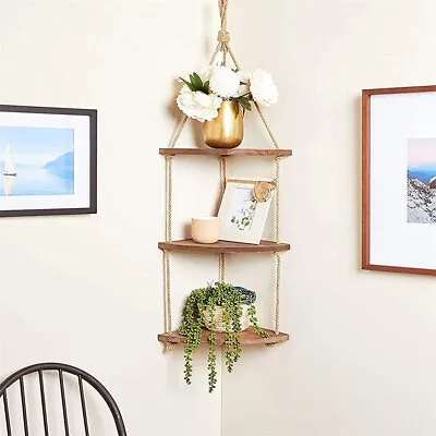 $24.92 • Buy Hanging Corner Shelf 3 Tier Rustic Wood Floating Organizer Displays Storage Rack