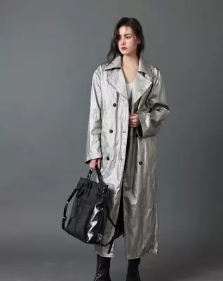 Silver Pu Leather Long Trench Coat Women New Double-breasted Jackets Overcoats • $288.43