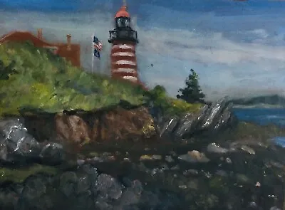 West Quoddy Head Lighthouse In Lubec Maine Original Oil Painting • $175