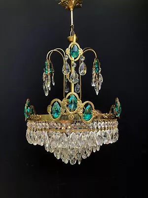 Antique Vintage French Blue Crystals Chandelier Lighting Ceiling Lamp 1960's • $465