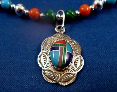 Navajo Sterling Multi-stone Inlay PENDANT SIGNED Liberty CC 21  Bead Necklace • $47