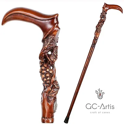 Grape & Vines Wooden Walking Cane Stick Hand Carved Comfortable Handle Quality • $188