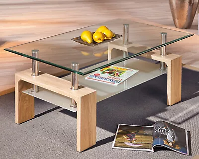 Rectangle Glass Coffee Table With Storage Shelf Modern Living Room Furniture • £55.99