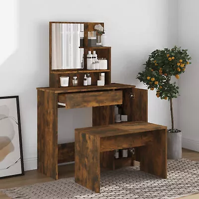  Smoked Oak Dressing Table Set With Stool And Mirror Modern Bedroom R1L9 • £123.22