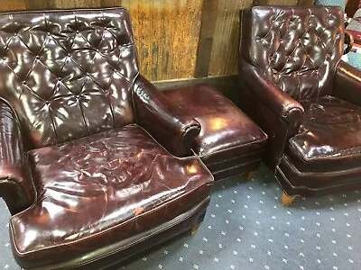 Pair Vintage Hibriten Chair Co. Tufted Leather Burgandy Club Chairs And Ottoman • $1499