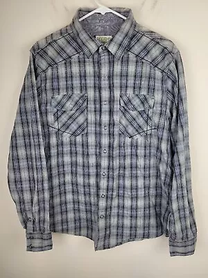 Mens Snap Button Shirt L Gray Plaid Pockets Organic Cotton Western Long Sleeves • $13.99