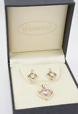 Stunning Amethyst 9ct Gold Heart Shaped Earrings And Necklace Set Full Hallmark • £128.99